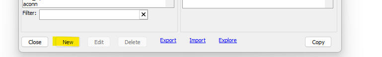AlphaDAO connection strings dialog showing Firestore options.